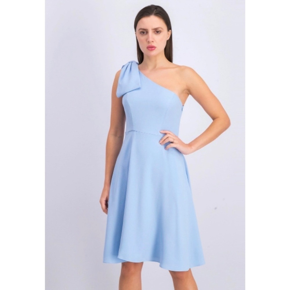Gal Meets Glam Yvonne One Shoulder Bow Detail Fit Flare Dress Baby Blue Size 2P